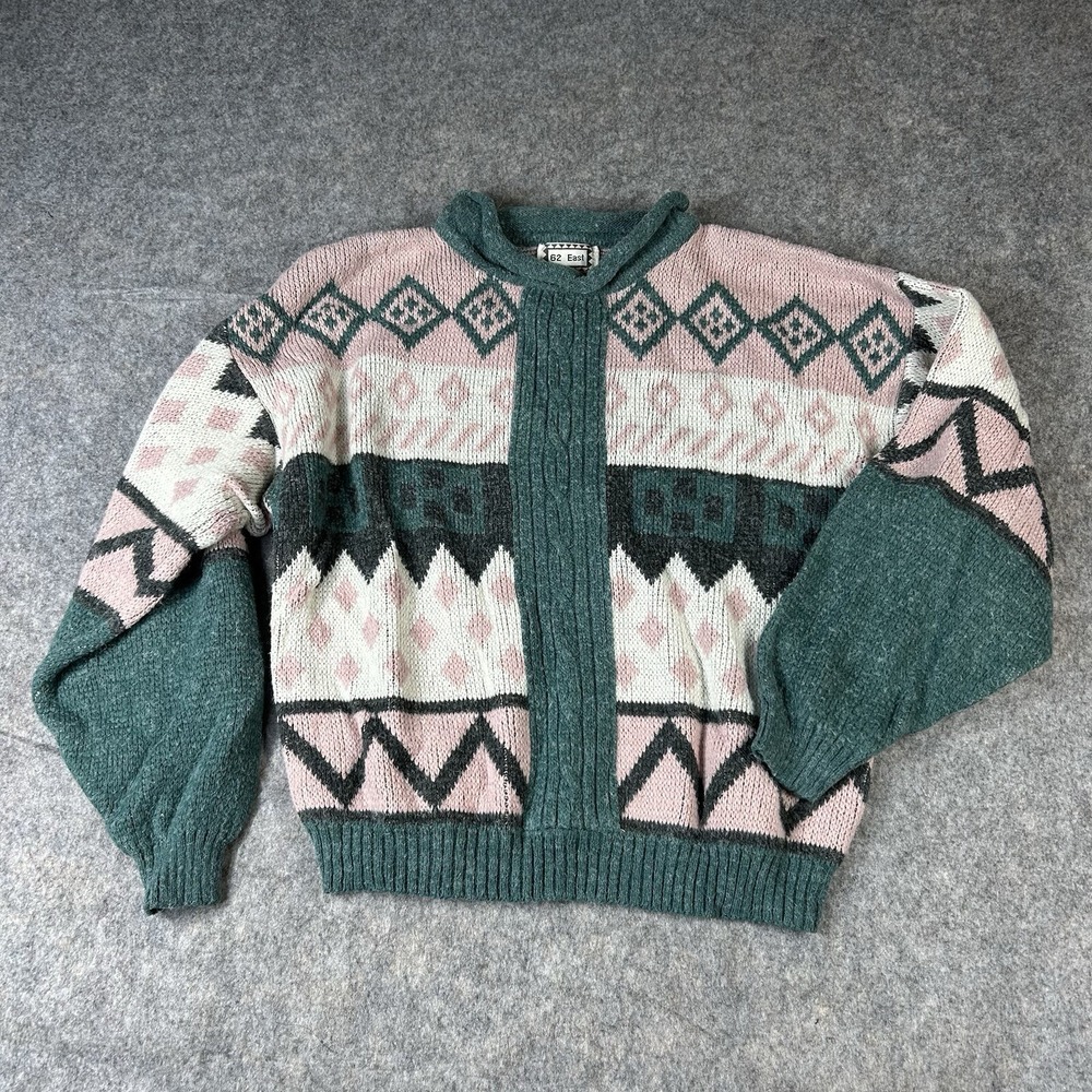 62 East Knit Sweater Vintage Acrylic Nylon Pink Aztec Diamonds Women's Medium